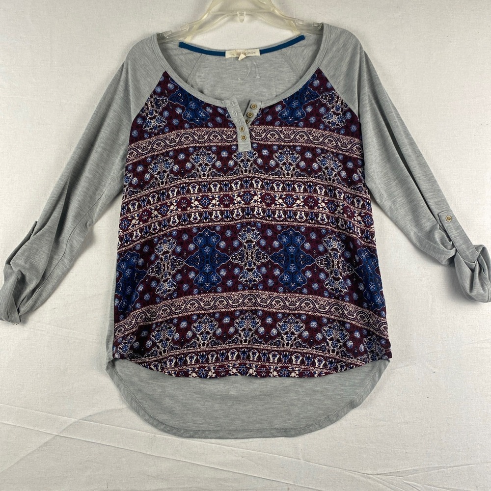 Rewind Womens Gray Bohemian Paisley Henley Roll Tab Sleeve Top Medium